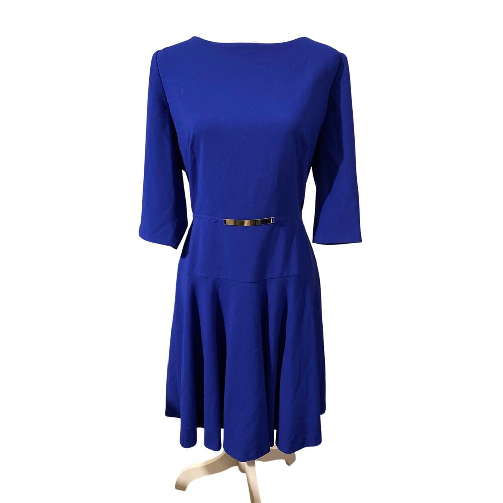 Tahari ASL Cobalt
 Blue A-Line Dress Metallic Bar at Waistline - Size 14